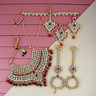                       Lucky Jewellery Wedding Gold Plated Red Green Color Bridal Set with sheeshpatti (2475-L1ZS-KD124-RED-G-New)                                              