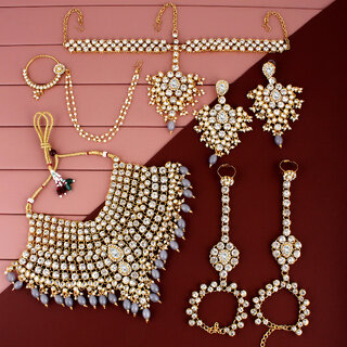                       Lucky Jewellery Wedding Gold Plated White Color Dulhan Bridal Set with sheeshpatti (2475-L1ZS-KD124-W-New)                                              