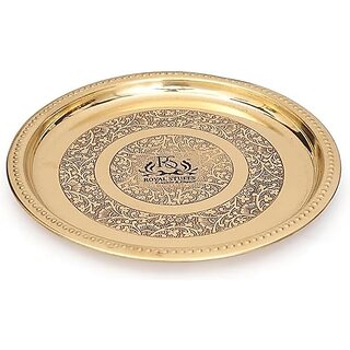                       Royalstuffs Handmade Pure Brass Plate Dish Embossed Design Round Shape Plate                                              