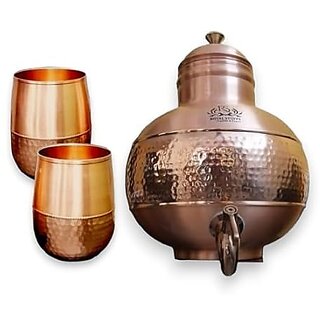                       Royalstuffs Copper Water Dispanser Container Pot/Matka/Ghada - (Premium Hammer) With 2 Copper Glasses 5000 Ml                                              