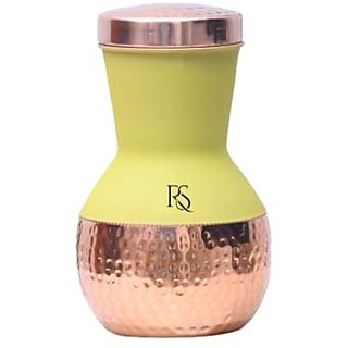                       Royalstuffs Pure Copper Silk Yellow Matka Pot With Inbuilt Glass Capacity 1250 Ml                                              