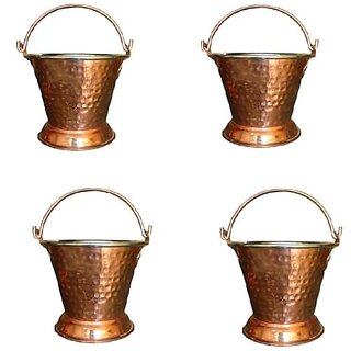                       Royalstuffs Small Set Of 4 Handmade Pure Steel Copper Bucket/Balti Hammered Design With Handle                                              