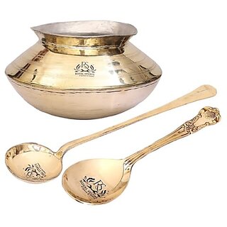                       Royalstuffs 4 Liter Traditional Brass Handi Pot For Cooking | Authentic Brass Dekchi Pot Cookware With 1 Spoon & 1 Ladle                                              
