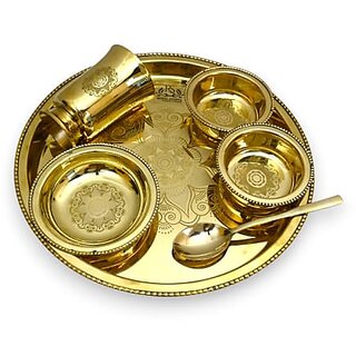                       Royalstuffs 6 Items Brass Thali Set, 1 Thali 2 Bowls, 1 Dessert Plate, 1 Glass And 1 Spoon Dinner Set (Gold)                                              