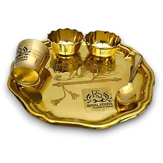                       Royalstuffs 8 Inch 5 Items Brass Thali Set, 1 Thali 2 Bowls,1 Glass And 1 Spoon Dinner Set (Gold),Weight: 271 Gram                                              