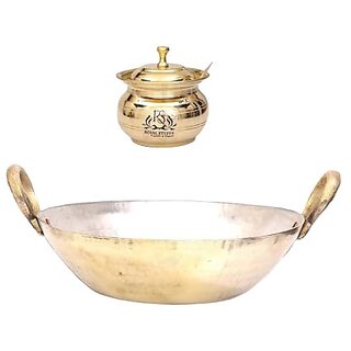                       Royalstuffs Brass Pital Heavy Weight Serving Kadhai Cookware With Brass Ghee Pot With Spoon (1250 Ml)                                              