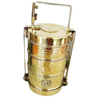                       Royalstuffs Hammered Design Brass Tier With Tin Lining Three Compartments Office Tiffin Lunch Box, Volum 2400 Ml, Height 11 Inch,Gold                                              
