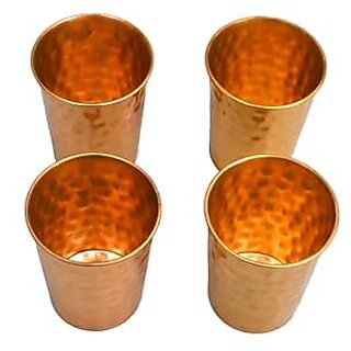                       Royalstuffs Hammered Design Pure Copper Water Glass Tumbler, 250 Ml, Set Of 4                                              