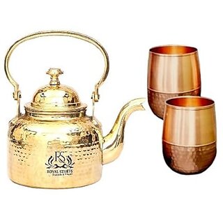                       Royalstuffs Hammered Designer Brass Tea Kettle Pot, Serving Tea, Coffee, Tableware (600 Ml) With 2 Dholak Shaped Glass                                              