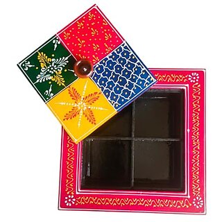                       Royalstuffs Indian Dry Fruit Box Wooden, Handpainted Or Spices Box For Kitchen, Color : Multi, Size : L : 6 Inch, B : 8 Inch, H: 2.2 Inch                                              