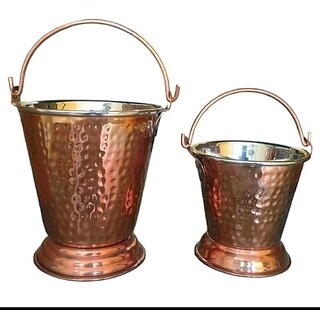                       Royalstuffs Large Bucket Set Of 2 Handmade Pure Steel Copper Bucket/Balti Hammered Design With Handle                                              
