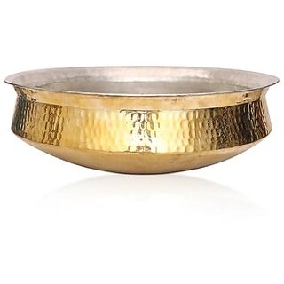                       Royalstuffs Pure Brass Hammered Urli Decorative Bowl 16 Inches Along With Metal Wall Hanging Decorative T-Light Candle Holder, Lantern Traditional Brass Uruli Bowl                                              