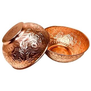 Royalstuffs Set Of 2 Embossed Leaf Design Copper Bowl | 440 Ml |