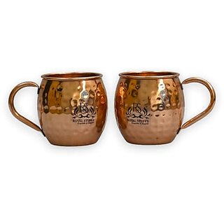                       Royalstuffs Set Of 2 Handcrafted Copper Mugs, Hammered Classic Moscow Mule Mugs Solid Pure Copper Unlined Mug Cups, Weight:350 Gram                                              