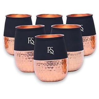 Royalstuffs Set Of 6 Silk Black Half Hammered Dholak Tumbler Pure Copper Water Glass Capacity 250Ml