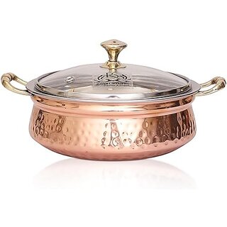                       Royalstuffs Steel Copper Hammered Design Handi, Bowl, Casserole With Toughened Glass Lid                                              