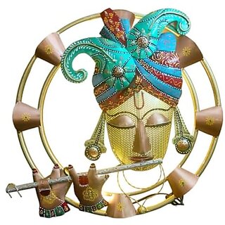                       Royalstuffs Krishna Playing Flute With Inbuilt Led Light Decorative Metal Wall Hangings With Light For Wall Dcor  Round Iron Metal Wall Hanging For Home Decoration And Caf Decoration                                              