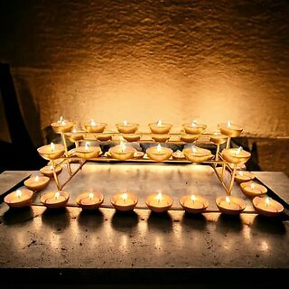                       Royalstuffs Metal 5 Layer Tealight Candle Holder Diya Rectangle Stand For Table And Home Decoration (40 Lights, Golden)                                              
