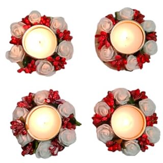                       Royalstuffs Set 4 White Rose With Red Flower Design Metallic Diya Tea Light Candle Holder For Home Office Decoration Puja Articles Decor Gift Tealight                                              