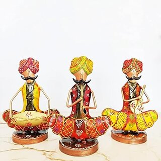                       Royalstuffs Tribal Rajasthani Sitting Male Musicians Muchhad In Iron Handmade Decorative Items For Home | Gift Items | Showpieces | Table Decorative Items Set Of 3, Height : 9 Inches, Multicolor                                              