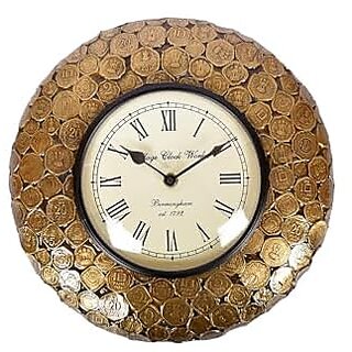                       Royalstuffs Wood Brass Metal Coin Embossed Indian Vintage Analog Wall Clock (Gold, 12X12 Inch)                                              