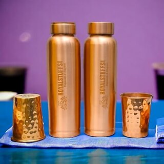                       Royalstuffs 2 Pure Copper Water Bottles For Drinking With 2 Copper Glasses Ayurvedic 30.43 Oz Premium Quality Handcrafted Large Hammered Copper Vessel And Glass Set                                              