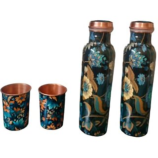                       Royalstuffs Copper 2 Printed Meena Bottle (1000Ml) With 2 Meena Glass 300 Ml Each                                              