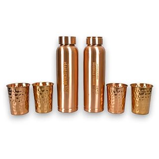                       Royalstuffs Copper 2 Water Bottle For Drinking With 4 Copper Glass Ayurvedic 30.4 Oz Premium Quality Handcrafted Large Hammered Copper Vessel And Glass Set                                              