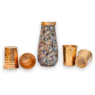                       Royalstuffs Copper Pot Water Bottle With 4 Copper Glass Antique Elegent Marble Design Vessel Ayurvedic (1000 Ml)                                              
