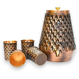                       Royalstuffs Pure Copper Water Dispenser Pot Container Matka Dimond Shape Design With 4 Copper Glass For Water Purpose At Home And Offices Volume-5 L (Pack Of 1 Pot+4 Glass)                                              