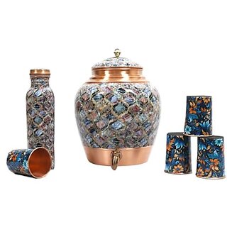                       Royalstuffs Pure Copper Water Dispenser Pot Container Matka Marble Design With 4 Copper Glass And 1 Bottle For Water Purpose At Home And Offices Volume-10 Liter (Pack Of 1 Pot+ 4 Glass + 1 Bottle)                                              