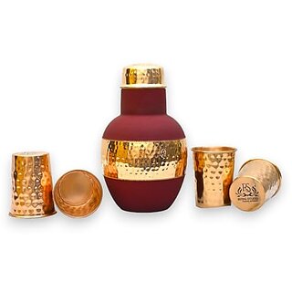 Royalstuffs Copper Pot Satin Coated Pure Copper Water Bottle With 4 Copper Glass Antique Elegent Design Vessel  (1250 Ml)