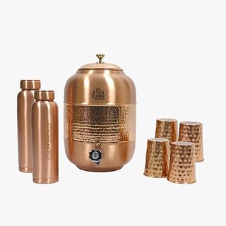                       Royalstuffs 12 Liter Pure Copper Drinkware Water Dispenser Hammered Finish- Pot Ayurveda Health Healing Water Container Tank With 4 Matching Tumbler Glasses & 2 Copper Bottle                                              