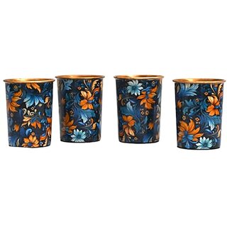 Royalstuffs Pure Copper Digital Printed Flower Design Glass Tumbler, 300 Ml, Set Of 4