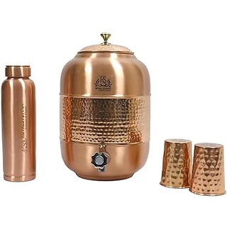Royalstuffs Pure Copper Drinkware Water Dispenser - 8L- Hammered Finish- Pot  Health Healing 8 Liter Storage Capacity Water Container Tank With 2 Matching Tumbler Glasses & 1 Copper Bottle