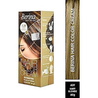                       Berina Matt Blonde Hair Color Cream 60gm - A39 Ammmonia-Free Formula Easy Home Application Semi-permanent Hair Dye Co                                              
