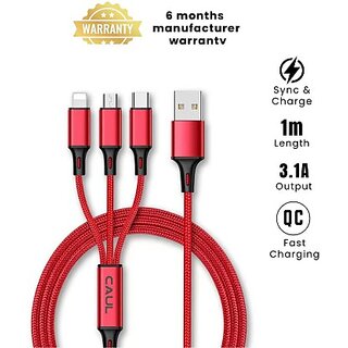                       CAUL 3-in-1 Cable 1 m CU103IN1  (Compatible with Iphone, Laptop, Tablet, android phone, oppo, vivo, oneplus, Red, One Cable)                                              