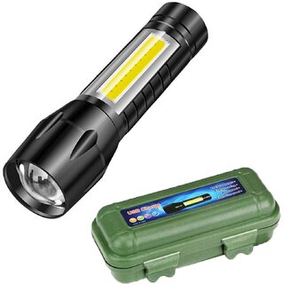 PROTOS INDIA.NET  Tactical Flashlight + Desk Lamp with Green Box Zoomable USB Rechargeable Torch 3 Modes Dual COB Waterproof Flashlight Zoom Aluminum Super Bright Torch