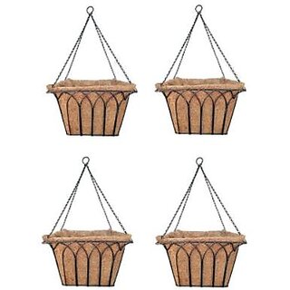                       GARDEN DECO 14 inch Heavy Duty Square Shaped Coir Hanging Basket with Coco Coir Liner (Black, Set of 4 pcs)                                              