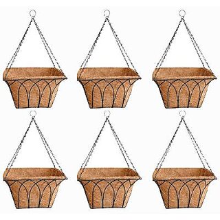                       GARDEN DECO 14 inch Square Shaped Coir Hanging Basket with Coco Coir Liner (Black, Set of 6 pcs)                                              