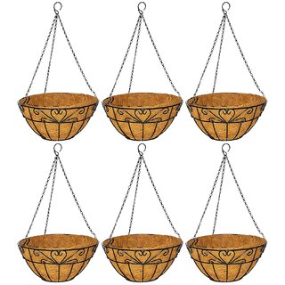                       GARDEN DECO 12 INCH Heart Design Coir Hanging Planter Basket with Metal Chain (Set of 6 PC)                                              