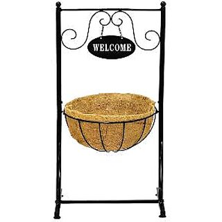                       GARDEN DECO 14 inch Welcome Planter Basket Stand with Coco Liner (Black,Metal, Set of 1 pc)                                              