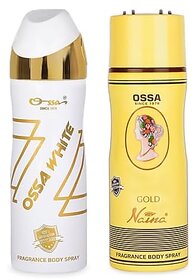 Ossa White And Gold Naina Body Spray For Men And Women  Ambery And Floral Long Lasting Aroma  200ml Each (Pack of 2)