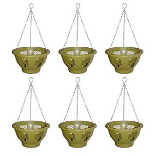                       GARDEN DECO 12 Inch Easy Bloom Plastic Hanging Basket with Chain  (Olive Green, Set of 6 Pcs)                                              
