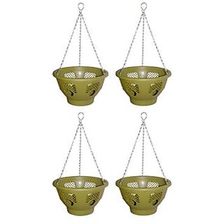                       GARDEN DECO 12 Inch Easy Bloom Plastic Hanging Basket with Chain  (Olive Green, Set of 4 Pcs)                                              