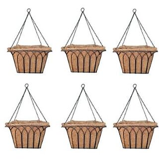                       GARDEN DECO 14 inch Heavy Duty Square Shaped Coir Hanging Basket with Coco Coir Liner (Black, Set of 6 pcs)                                              