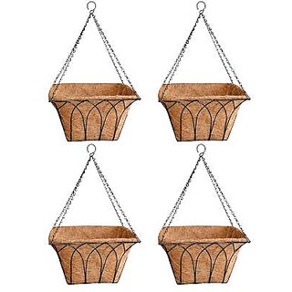                       GARDEN DECO 14 inch Square Shaped Coir Hanging Basket with Coco Coir Liner (Black, Set of 4 pcs)                                              