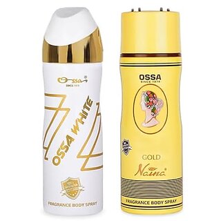                       Ossa White And Gold Naina Body Spray For Men And Women | Ambery And Floral Long Lasting Aroma | 200ml Each (Pack of 2)                                              