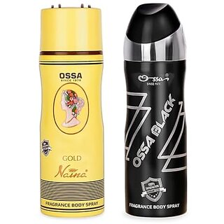                       Ossa Black And Gold Naina Body Spray For Men And Women | Woody And Floral Long Lasting Aroma | 200ml Each (Pack of 2)                                              