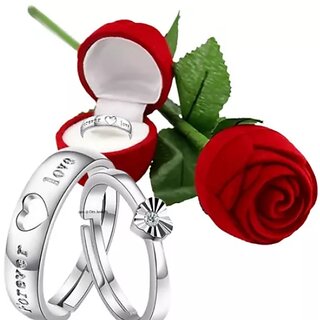 Silver Plated Adjustable Couple Rings Set for lovers Ring with Red Rose Gift Box for Men and Women Silver Plated Adjustable Couple Rings Set for lovers Ring with Red Rose Gift Box for Men and Women